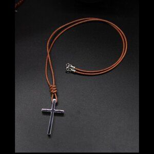 Titanium Steel Cross † on Hand Knotted Brown Leather Necklace